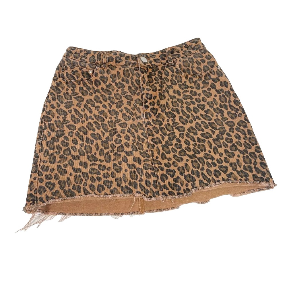 Entro‎ Leopard Print Denim Jean Mini Skirt Brown Womens Size M Raw Hem Pockets